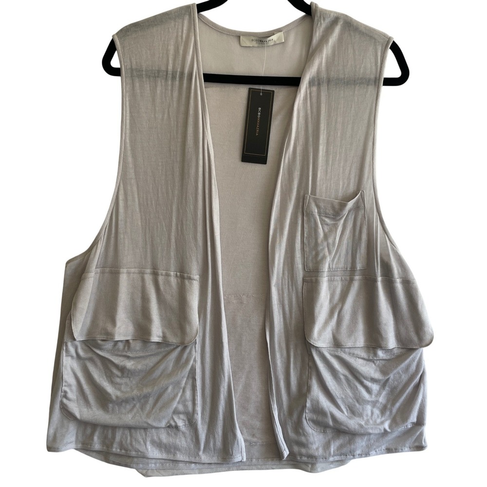 BCBGMAXAZRIA Runway Vest Sleeveless Open Front Pockets Flowy Layering Neutral‎ L
